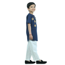 Blue cotton kurta pajama embellished with cotton lace