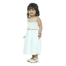 White pure cotton strip dress embellished with lace