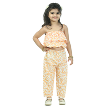 Yellow Printed pure cotton crop top with pajama set