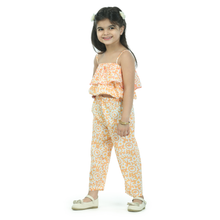 Orange Printed pure cotton crop top with pajama set