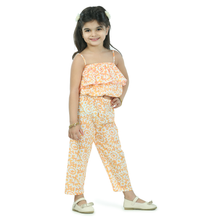 Orange Printed pure cotton crop top with pajama set