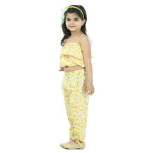 Yellow Printed pure cotton crop top with pajama set