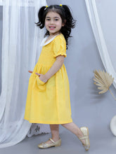 Yellow pure cotton smoked dress with peter pan collar