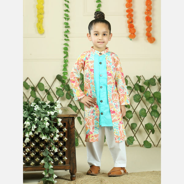 Turquoise Green cotton floral print full sleeve kurta with pajama