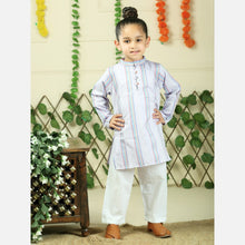 Green cotton woven stripe kurta with pajama