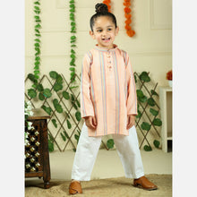 Orange cotton woven stripe kurta with pajama