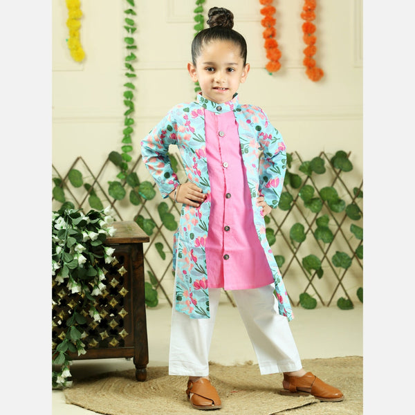 Pink pure cotton floral print full sleeve kurta with pajama