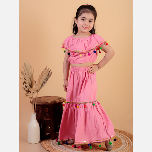 Pink pure cotton crop top and long skirt embellished with pompom tussal