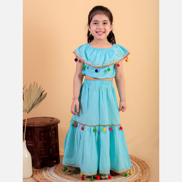 Sky Blue pure cotton crop top and long skirt embellished with pompom tussal