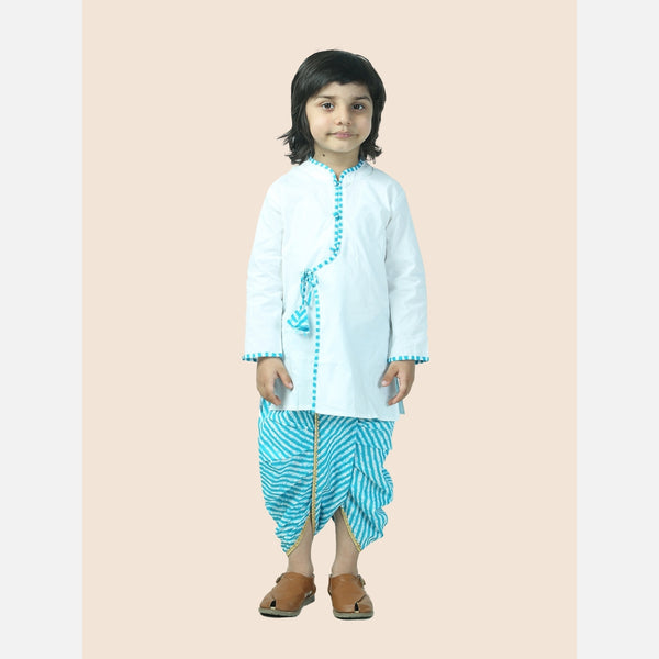 Blue pure cotton white kurta and dhoti with leheriya print