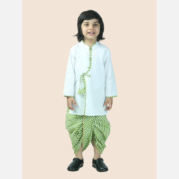 Green pure cotton white kurta and dhoti with leheriya print