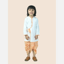 Orange pure cotton white kurta and dhoti with leheriya print