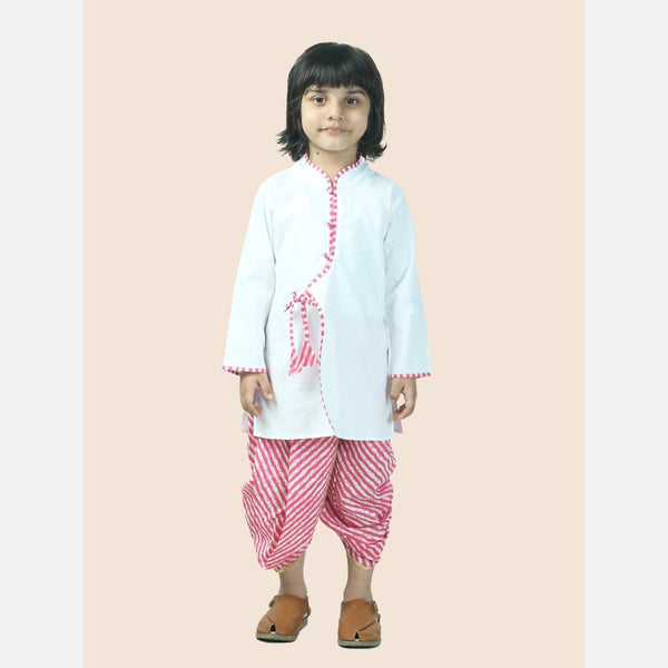 Pink pure cotton white kurta and dhoti with leheriya print