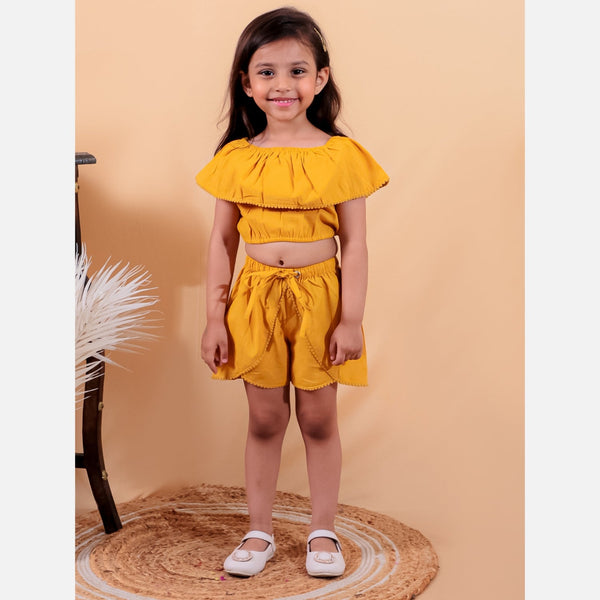 Yellow pure cotton crop top with shorts set