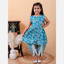 Denim blue pure cotton printed kurti and dhoti