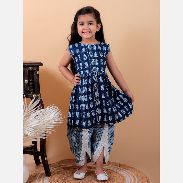 Navy blue pure cotton printed kurti and dhoti