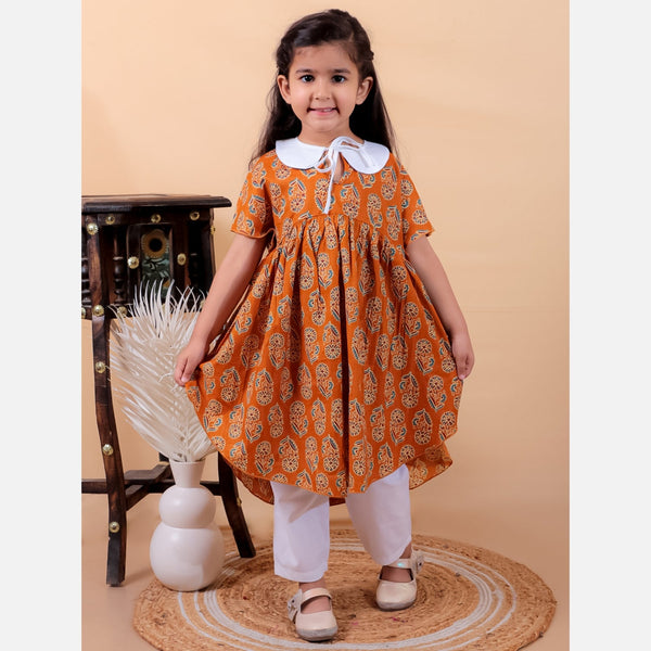 Yellow pure cotton printed dress with peter pan collar and Pyjamas