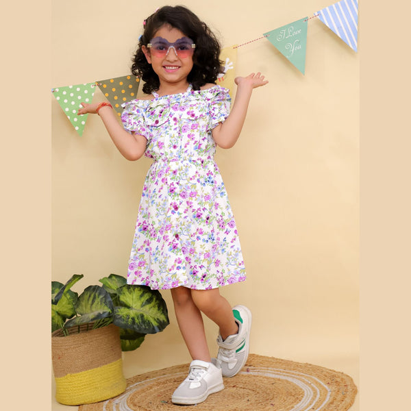 White & Purple Floral Print Ruffle Sleeves Dress