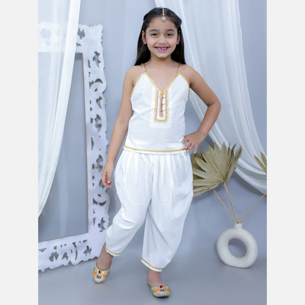 White pure cotton strip embellished top with dhoti