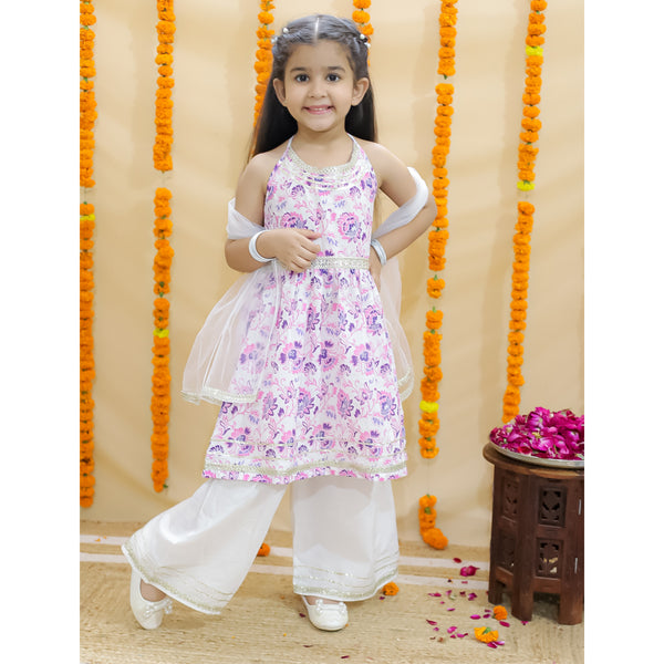 Girls Floral Printed Pure Cotton Kurta with Sharara & Dupatta