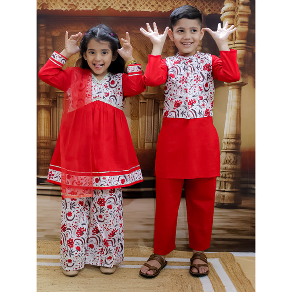 Siblings Red Cotton Printed Kurta Pyjama Set with Dupatta