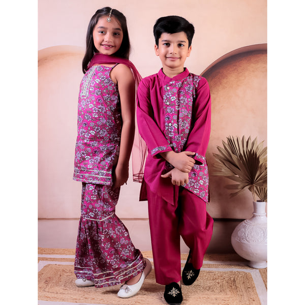 Sibling Pink Cotton Printed Kurti with Sharara and Dupatta