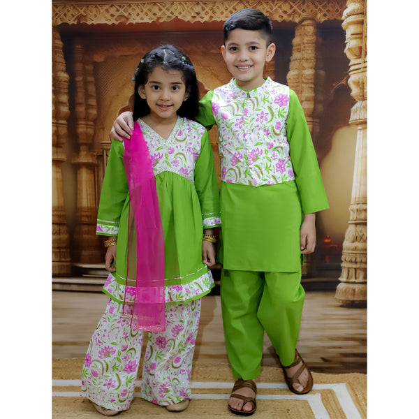 Siblings Green Cotton Printed Kurta Pyjama Set with Dupatta