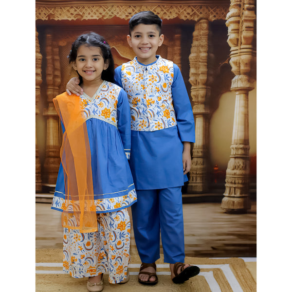 Siblings Blue Cotton Printed Kurta Pyjama Set with Dupatta