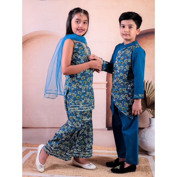 Sibling Turquoise Blue Cotton Printed Kurti with Sharara and Dupatta