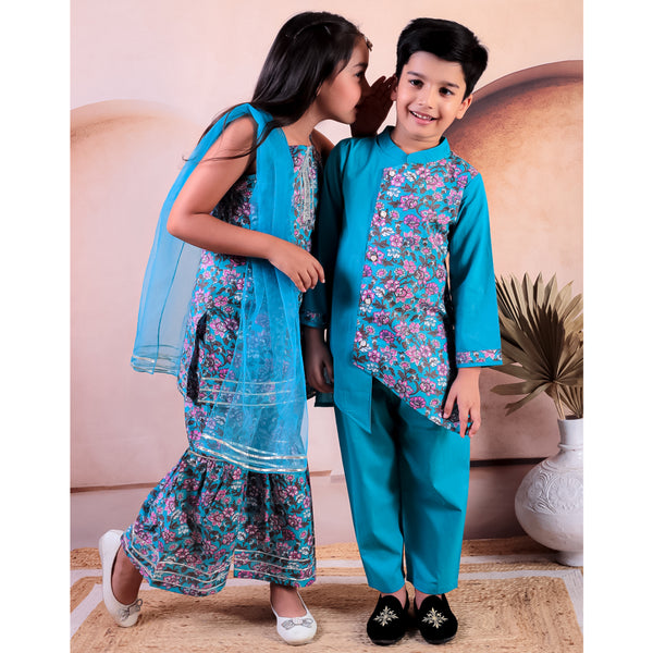 Sibling Blue Cotton Printed Kurti with Sharara and Dupatta