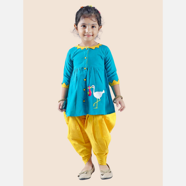 Turquoise Green Pure cotton full sleeve embroidered dress with dhoti