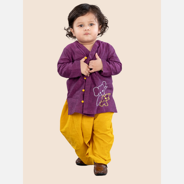 Purple Pure cotton full sleeve embroidered kurta with dhoti