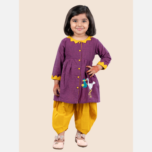 Purple Pure cotton full sleeve embroidered dress with dhoti