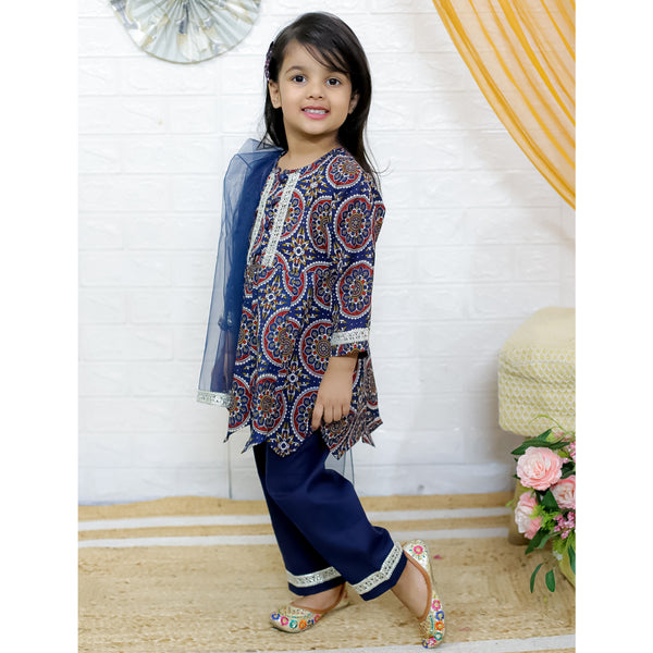 Girls Ethnic Motifs Printed A-Line Pure Cotton Kurta with Pyjama & Dupatta