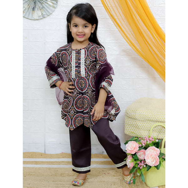 Girls Ethnic Motifs Printed A-Line Pure Cotton Kurta with Pyjama & Dupatta