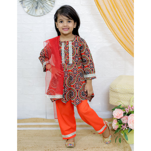 Girls Ethnic Motifs Printed A-Line Pure Cotton Kurta with Pyjama & Dupatta