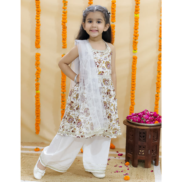 Girls Floral Printed Pure Cotton Kurta with Sharara & Dupatta