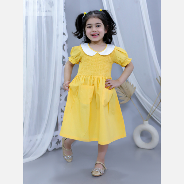 Yellow pure cotton smoked dress with peter pan collar