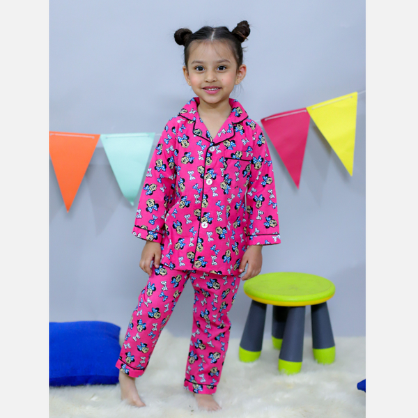 Pink woven pure cotton printed night suit