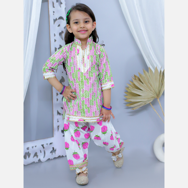 Pink pure cotton printed kurti with Patiala