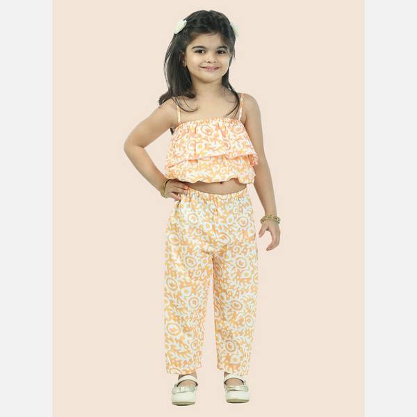 Orange Printed pure cotton crop top with pajama set