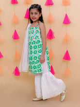 Green pure cotton printed kurti with white sharara