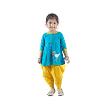 Turquoise Green Pure cotton full sleeve embroidered dress with dhoti