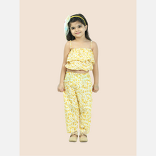 Yellow Printed pure cotton crop top with pajama set