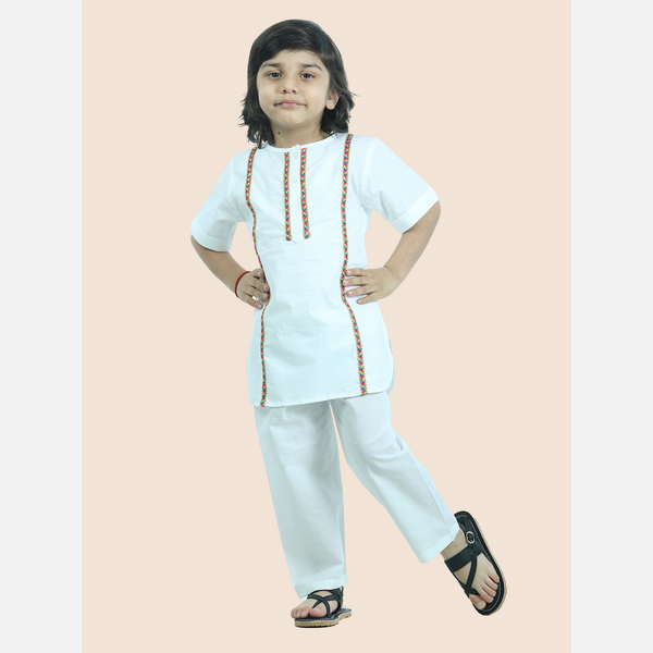 White pure cotton kurta  pajama embellished with lace