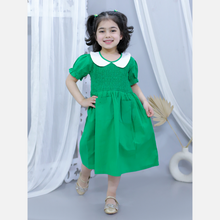 Green pure cotton smoked dress with peter pan collar