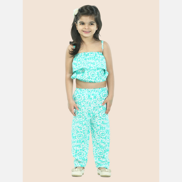 Green Printed pure cotton crop top with pajama set