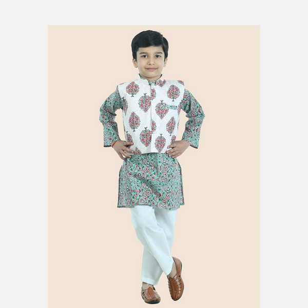 Green pure cotton printed kurta pajama with jacket