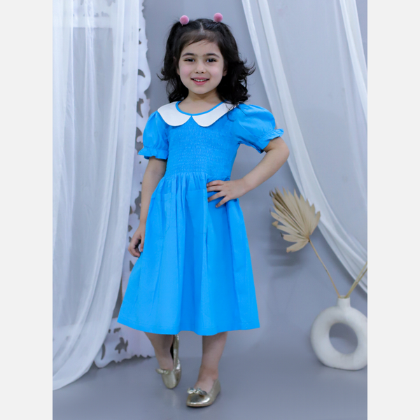 Blue pure cotton smoked dress with peter pan collar