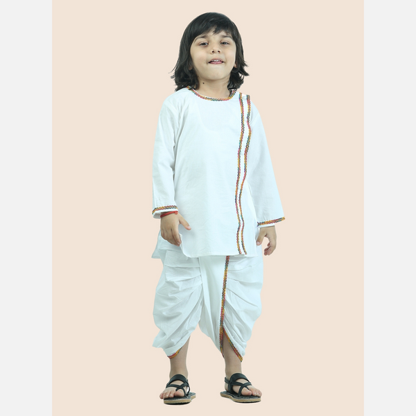 White pure cotton side button kurta with dhoti